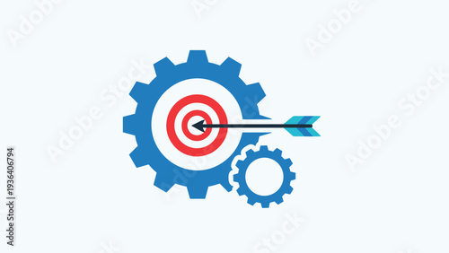 Conceptual illustration showing a target inside a gear with an arrow hitting the bullseye, representing business goals and strategic success.