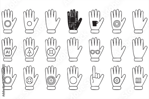 Minimal Smart Gloves and Wearable Technology Line Icon Set for AI and VR