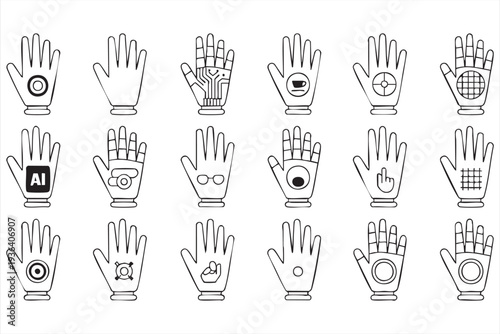Wearable Tech Gesture Control Gloves Outline Icons for Digital Interface Design