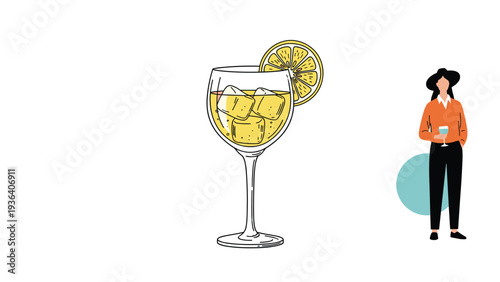 Stylized illustration of a person standing next to a large glass of iced tea with a lemon slice, perfect for summer menus and refreshments.