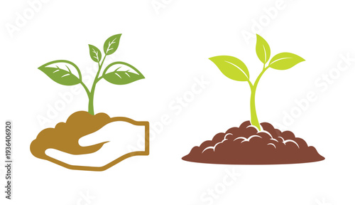 The sprout from the seedling emerged from the soil. Silhouette. Two branches adorned with leaves on a clump of earth. Vector illustration. Isolated on a white background.

