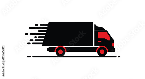 A black delivery truck with red accents speeding along a road