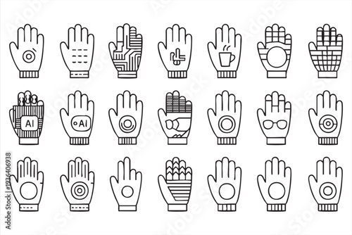 Futuristic Smart Glove Vector Icons Featuring AI Sensors and Robotics Hands