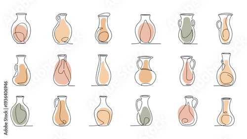 Extensive collection of various vase and jar shapes rendered in simple line art with soft pastel color accents for home decor concepts.