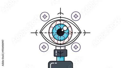 Medical or futuristic eye examination concept showing an eye with red veins under a lens and target icons for healthcare and technology.