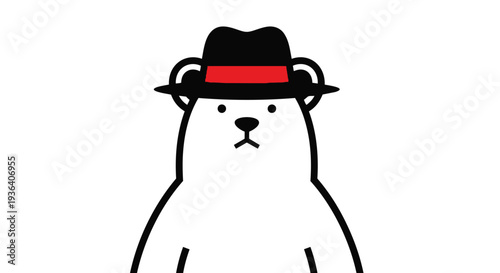 A cartoon polar bear wearing a black hat with a red band on its head