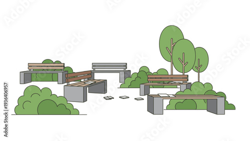 Illustration of a serene outdoor seating area with benches, lush greenery, and trees in a modern, minimalist park setting.