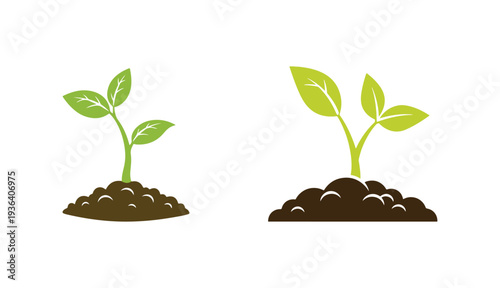 The sprout of the seedling came up through the soil. Silhouette. Two leafy branches on a handful of dirt. Vector illustration. Isolated on a white backdrop.