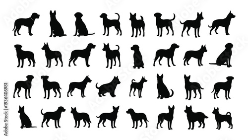 Collection of dog silhouettes in various poses and breeds