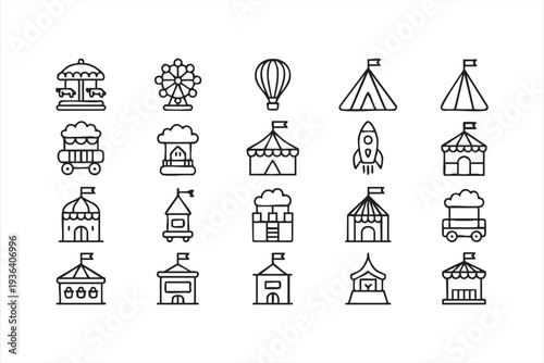 Theme Park Attraction Outline Icons Featuring Ferris Wheel and Carousel