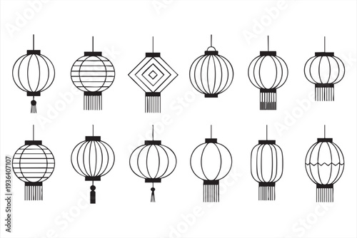 Chinese Lantern Festival Decoration Outline Icons for Holiday Artwork