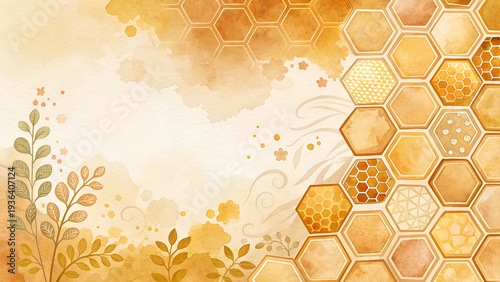 Raster Honeycomb Abstract Background with Green Leaves and Gold Wash: Scripted Content Vibrant Watercolor Pattern featuring Gold Splash Geometry and Cozy Botanical Texture
