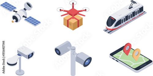 Smart transportation and surveillance technology isometric vector icon set with satellite delivery drone metro train CCTV cameras and GPS navigation