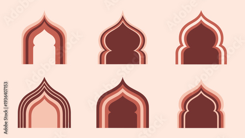 Set of various Islamic archway designs in warm brown and beige tones, reflecting traditional middle eastern architecture and culture.