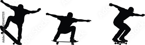 Set of black silhouettes of skateboarders performing tricks and jumps on skateboards isolated on white background for urban extreme sports,