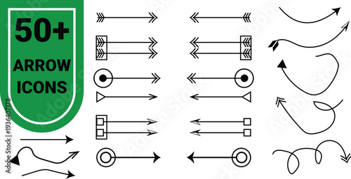 50+ Brush Stroke Arrow Icons Set Direction Navigation Design Elements. High-quality collection of over fifty hand-drawn brush stroke arrow icons in black and white, ideal for navigation, direction, an