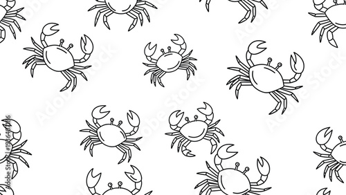 Simple black and white seamless pattern featuring hand-drawn crab illustrations scattered on a plain white background for sea themes.
