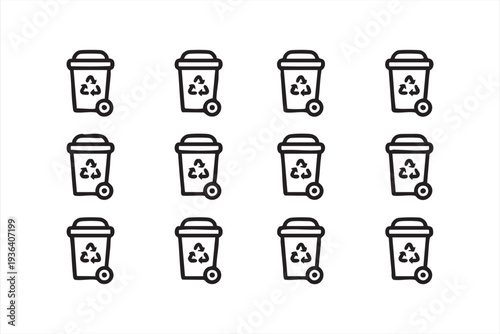 Green Sustainability Icon Set Featuring Recycling Containers and Waste Bins