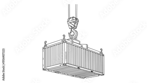 Industrial line art drawing showing a crane hook securely holding a large shipping container for transport and logistic purposes.