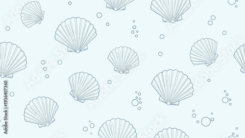 Refreshing light blue seamless pattern featuring detailed line drawings of scallops shells and small bubbles for summer wallpaper.