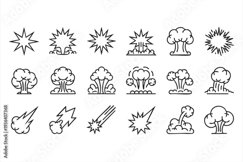 Explosion Burst and Smoke Cloud Vector Icons for Game UI Design