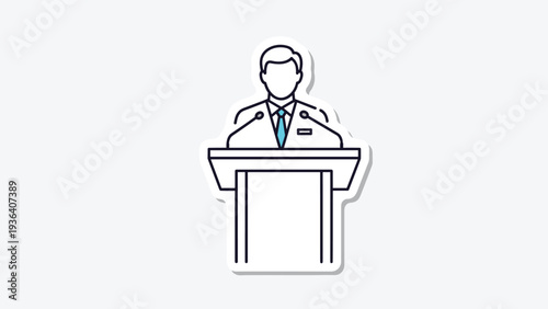 Professional line art sticker showing a person standing behind a podium with microphones, representing public speaking and debate.