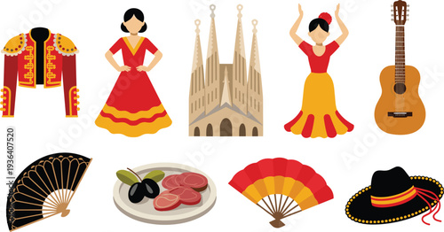 Spain culture icon set with flamenco dancer matador jacket Sagrada Familia guitar fan paella sombrero Spanish symbols vector illustration isolated on white