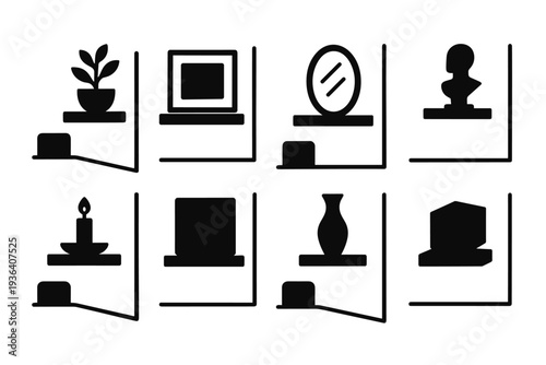 Floating Décor Icons. Floating décor in minimalist rooms. Filled icon set of floating décor in minimalist