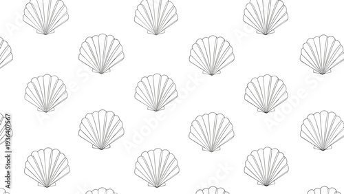 Minimalist seamless pattern featuring scattered grey seashell line art against a plain white backdrop for beach and coastal decor.