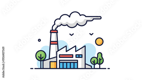 Flat vector illustration of a modern industrial factory building with smoke rising from a tall chimney into a bright blue sky.