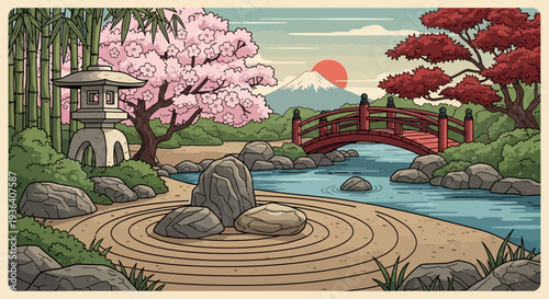 Japanese Garden Zen Bridge Cherry Blossom Mt Fuji