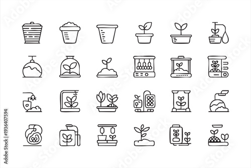 Plant Cultivation and Seedling Outline Icons for Garden and Greenhouse Design