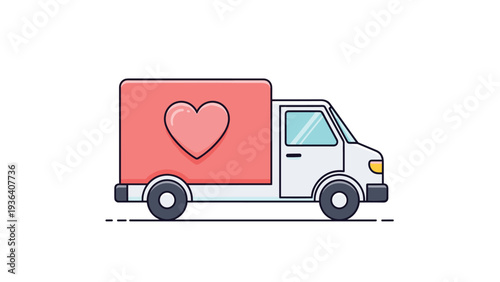 Delivery truck with a large pink cargo area featuring a heart symbol for charitable missions or romantic transport services.