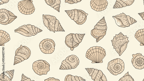 Seamless pattern of detailed hand-drawn sketches of various sea shells on a light beige background for vintage nautical art.