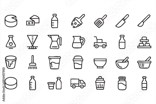 Milk Cheese and Kitchen Tools Outline Icons for Food Industry Design
