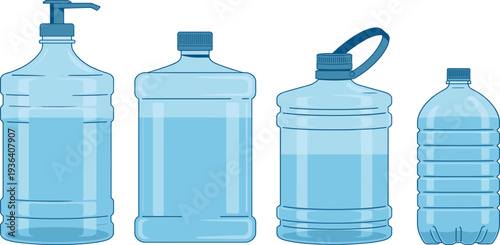 Set of plastic water bottles with pump and handles vector illustration for healthy hydration and sustainability concept