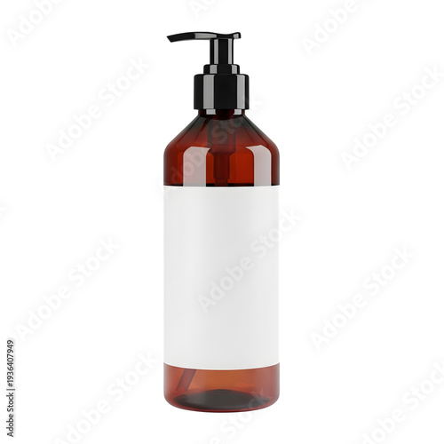 Amber liquid soap bottle with pump dispenser empty label isolated on transparent background