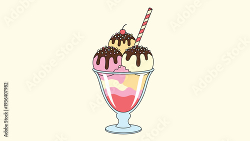 Colorful ice cream sundae with three scoops, chocolate syrup, sprinkles, a cherry, and a striped straw in a clear glass bowl.