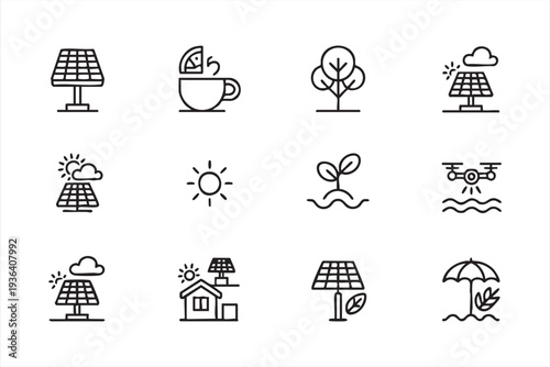 Minimal Solar Energy and Renewable Power Line Icon Set for Sustainability