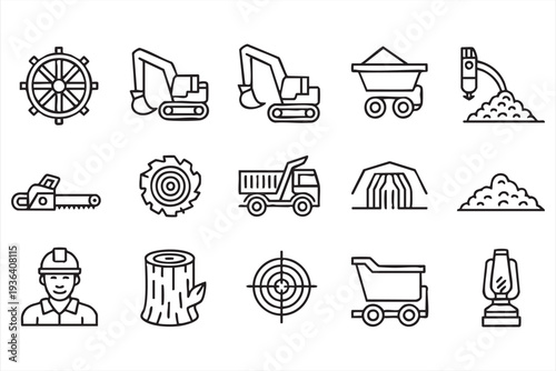Quarry Machinery and Mining Equipment Outline Icons for Industry