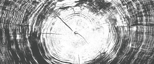 Closeup of a tree trunk cross section showing concentric growth rings in black and white