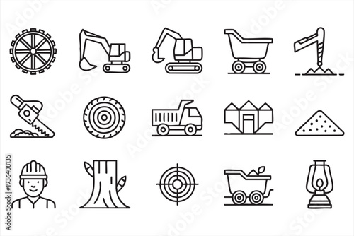 Mining Truck Excavator and Drill Vector Icons for Industrial Graphics