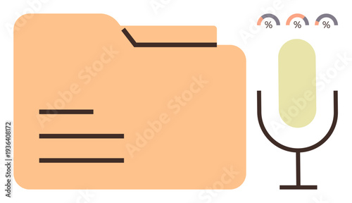Data management, audio recording, document organization, digital storage, file archiving, content creation. File folder and microphone with data visualization elements. Data management and audio