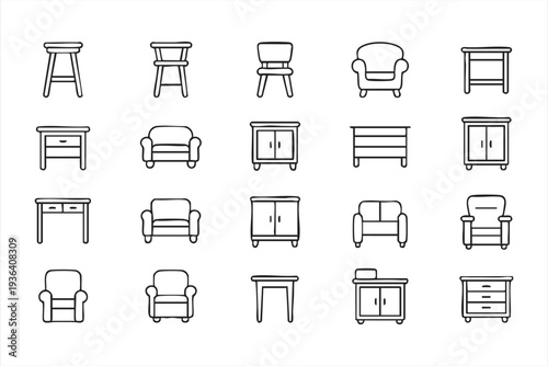 Simple line art furniture icon bundle with chairs tables sofas and cabinets for interior design apps and websites