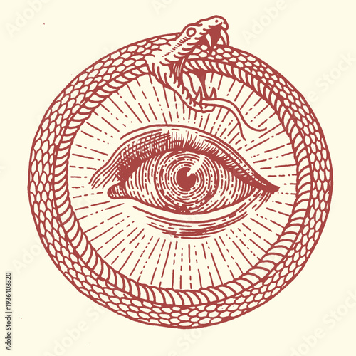 Ancient mystical Ouroboros vector illustration with an all-seeing eye design, depicting wisdom, eternity, and spiritual insight in a vintage, occult, esoteric graphic.