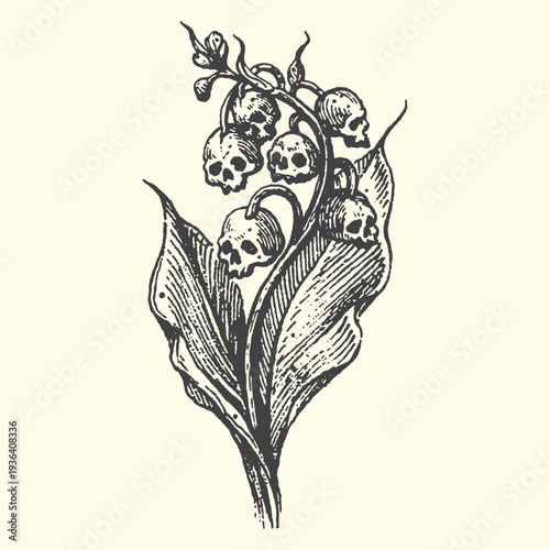 Vintage style vector illustration of lily of the valley flowers cleverly replaced with small human skulls in a macabre botanical design