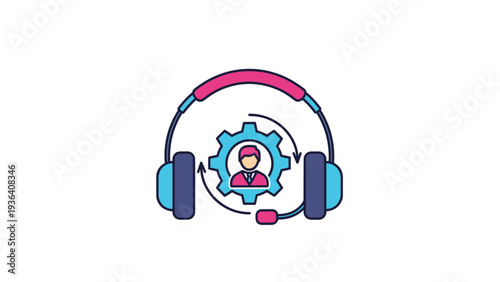 Customer support icon depicts a person wearing headphones inside a gear symbol suggesting technical assistance, help desk, and online service.