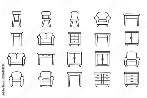 Minimal interior furniture icon set with chair table sofa and cupboard symbols for home decor graphics and catalogs