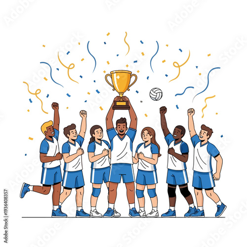 Diverse Volleyball Team Celebrating Championship Victory with Trophy and Confetti