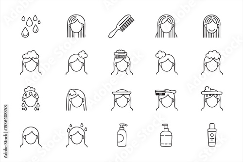 Minimal hair care line icon set with shampoo comb hair wash and beauty routine symbols for salon branding and cosmetic packaging